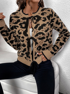 Suéter de Punto con Estampado de Leopardo y Lazo, al por Mayor, Nuevo, Cárdigan de Manga Larga con Cuello Redondo para Otoño e Invierno - Product Image 5