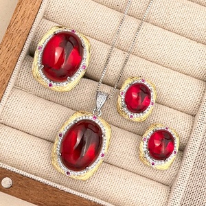 Fashion Eco-friendly Copper Retro Pendant <b>Earrings</b> Rings Set 15*20/10*12mm Large Red Zircon Jewelry Sets for Statement Style - Product Image 3