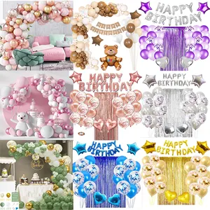 Hot Selling Happy Birthday Decoration Arch Chain Pink Macaron Pink Confetti Ballon Party Set
