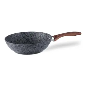 28CM Forged aluminum granite coating wok with wooden style water transfer printing handle MSF-6725