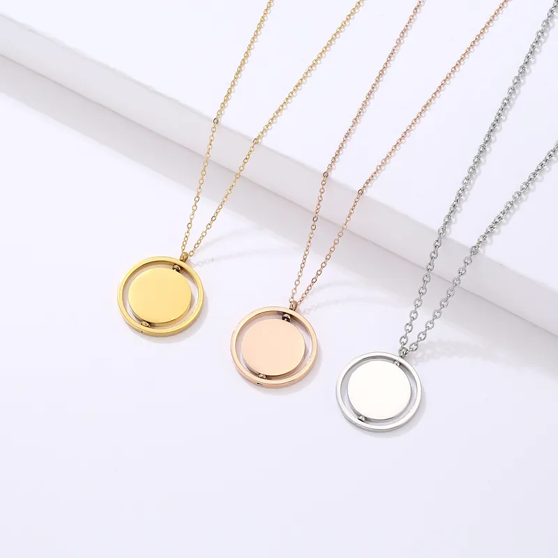 Blank Polished Stainless Steel Necklace Jewelry Custom Engrave Logo Letter Rotatable Circle Charm Pendant Necklace For Women Men
