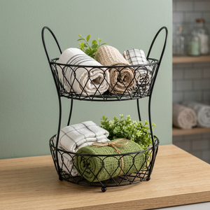 2-Tier Metal Fruit Basket Black Iron Wire Double Layer Kitchen Countertop Organizer <b>Vegetable</b> <b>Stand</b> Home Dining Decor - Product Image 3