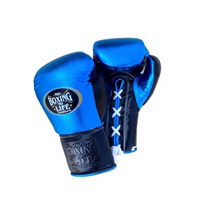 Professional No Boxing No Life Blue & Black Real Cowhide Leather Boxing <b>Gloves</b> Lace-Up Lightweight Breathable Kickboxing - Product Image 3