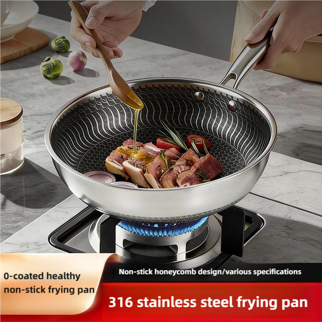 Three-layer Steel 316 Stainless Steel Frying Pan Induction Hybrid Honeycomb Frying Pan for Kitchen Wok Non-stick Frying Fish Pan