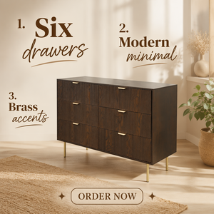 <span class=keywords><strong>Commode</strong></span> moderne en bois <span class=keywords><strong>de</strong></span> <span class=keywords><strong>noyer</strong></span> cannelé <span class=keywords><strong>de</strong></span> style mid-century avec 6 tiroirs, poignées dorées et pieds métalliques pour chambre à coucher et projets hôteliers - Product Image 4