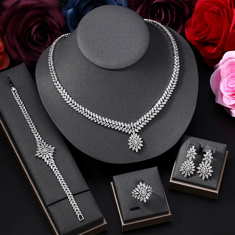 Luxury dubai Big 4pcs Bridal With Cubic Zircon for Women CZ necklace earrings bracelet ring wedding jewelry sets