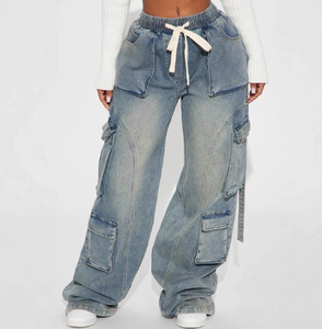 Pantalones Vaqueros Multi-Bolsillos Estilo Grúa para Hombre y Mujer, Estilo Holgado, Casual, Moderno, con Cordones - Product Image 1