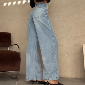 Pantalones Vaqueros de Cintura Alta y Pierna Ancha, Corte Holgado, Lavado a la Piedra, 100% Algodón Transpirable, Jeans para Mujer - Product Image 2