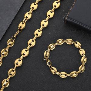 Coffee Bean Hip Hop Jewelry Chunky Thick <b>Choker</b> Necklace Chain Coffee Bean Pig Nose Stainless Steel 18K Mens Gold Geometric 10pc - Product Image 4