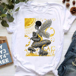 Factory Direct Summer Fashion <strong>Ladies</strong> <strong>T</strong>-<strong>Shirt</strong> Loose 'Cartoon Girl' Printed with Button Decoration Custom O-College Retro Style - Product Image 4