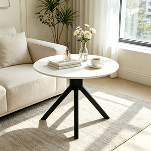 Table basse ronde moderne, plateau blanc lisse, pieds en métal noir, table de salon, table de centre pour canapé, meubles pour la maison et l'hôtel - Product Image 3