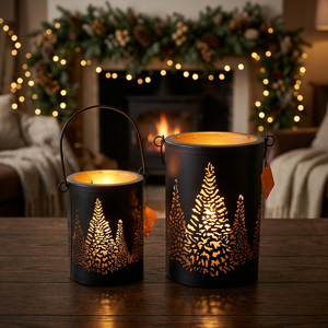 Lanternes porte-bougies en fer noir faites à la main Sonnet Decor avec motif hibou découpé, résistantes à la chaleur, ensemble de décoration de Noël pour la maison - Product Image 1