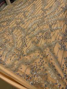 Crystal Beaded Embroidery <b>Fabric</b> with Lace Pattern Handmade Textile for Wedding Dress Evening Gown Couture Designer Apparel - Product Image 3