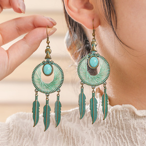 Boucles d'oreilles pendantes bohèmes en plumes, en alliage plaqué bronze antique, bijoux de fête pour femmes, boucles d'oreilles tendance - Product Image 3