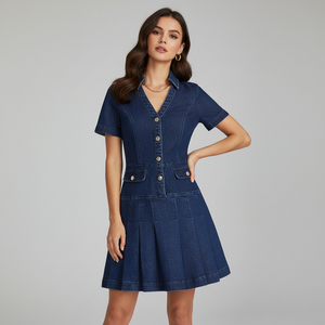 <span class=keywords><strong>Abito</strong></span> Mini a Linea A con Bottoni Frontali e Pieghe, Tasche Laterali, Vestito Casual da Donna in <span class=keywords><strong>Denim</strong></span> a Maniche Corte con Colletto a Risvolto - Product Image 1