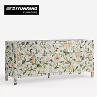 Meuble de salon moderne à neuf tiroirs, style naturel, avec motifs peints à la main de plantes et de fleurs, 5+ tiroirs