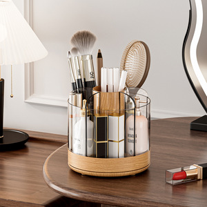 Rotating <b>Makeup</b> Organizer Wooden Grain With Partitions Desktop Storage <b>Box</b> For Brushes Pens Cosmetics - Product Image 2
