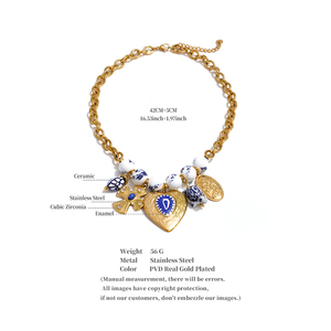 JINYOU 5825 <span class=keywords><strong>Collar</strong></span> de Cuentas de Cerámica Azul y <span class=keywords><strong>Blanco</strong></span> Vintage, <span class=keywords><strong>Collar</strong></span> con Colgante de Corazón de Acero Inoxidable Chapado en <span class=keywords><strong>Oro</strong></span> - Product Image 6