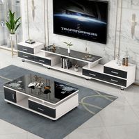 Ensemble de tables basses en verre trempé de style européen, minimalistes et modernes, à coins arrondis, avec structure en panneaux de bois pour petits appartements