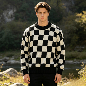 <span class=keywords><strong>Pull</strong></span> personnalisé pour homme, <span class=keywords><strong>pull</strong></span> en tricot jacquard rétro noir et <span class=keywords><strong>blanc</strong></span>, <span class=keywords><strong>pull</strong></span> à col rond ample pour homme, <span class=keywords><strong>pull</strong></span> en tricot 100% coton - Product Image 2