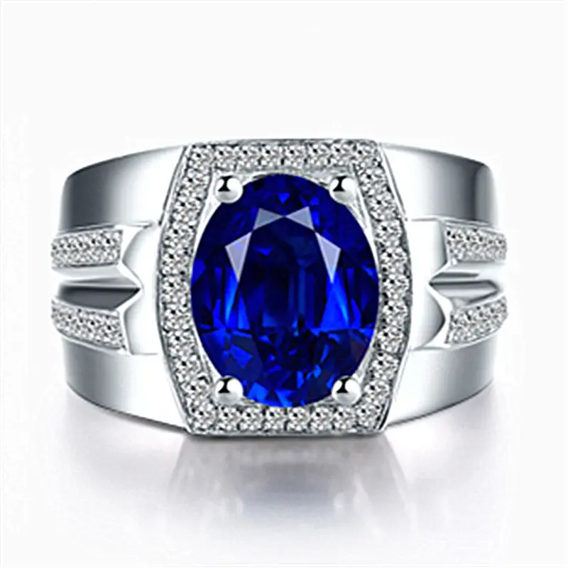 C & J Hoge Kwaliteit Gemaakt Nano Blauwe Saffier Mannelijke Ringen High Polish Fashion Ovale Halo Diamant Bruiloft Mannen Ringen