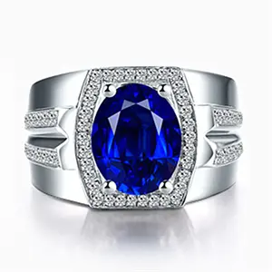 C & J Haute Qualité Créé Nano Bleu Saphir Mâle Anneaux Haute Polonais De Mode Ovale Halo Diamant De Mariage Hommes Anneaux