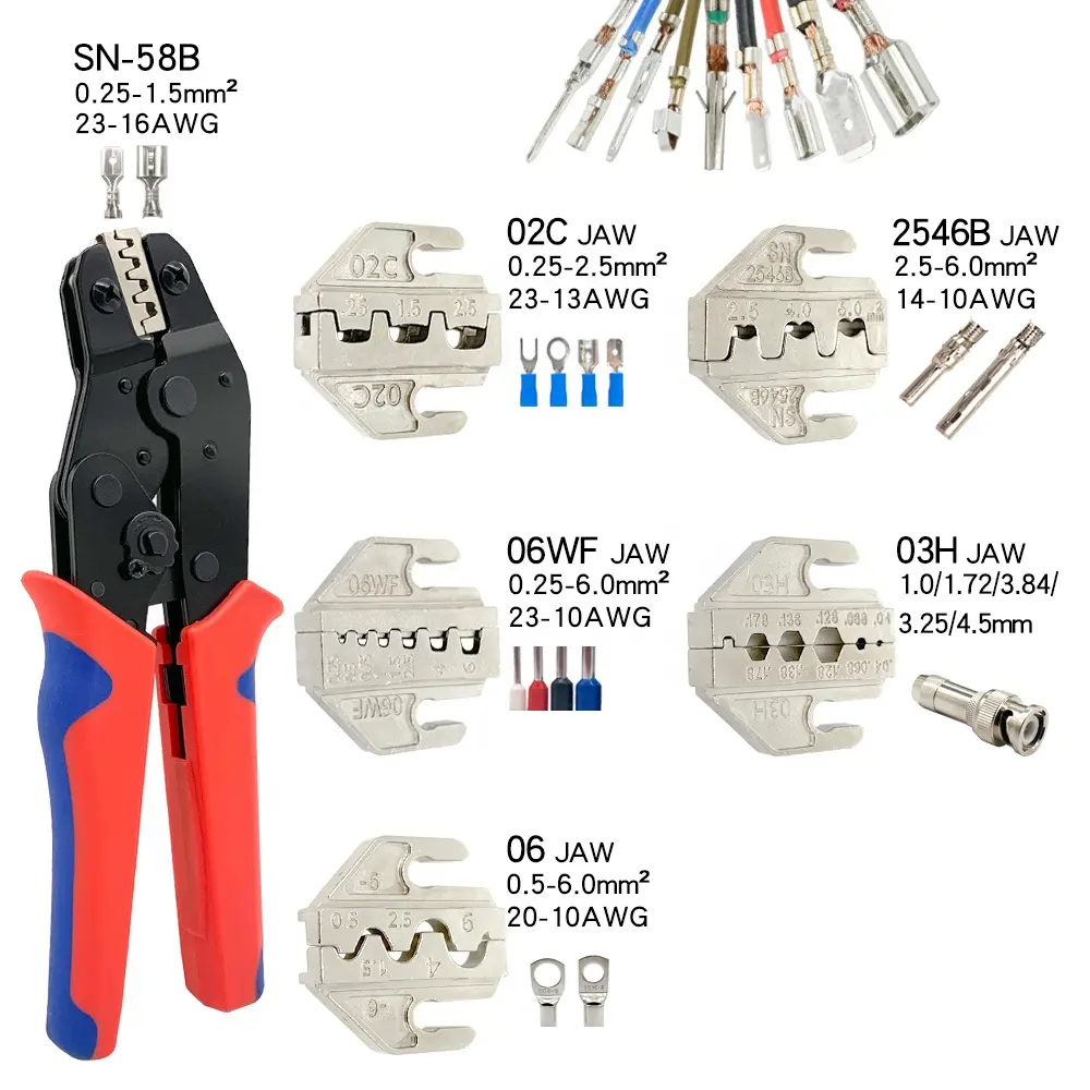टर्मिनल क्रिम्पिंग टूल्स सेट SN-58B प्लायर 02C 06WF 06 2546B 03H इंटरचेंजेबल जॉज़ रैचेटिंग वायर क्रिम्पर के साथ
