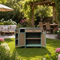 Chariot de bar extérieur vert menthe avec plateau en acier inoxydable et porte-bouteilles, chariot de service roulant pour patio, idéal pour les barbecues et les fêtes en extérieur