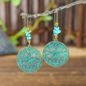 Bohemian Alloy <b>Drop</b> Earrings With Turquoise Inlay Plant Pattern For Women Fashion Jewelry - Product Image 4