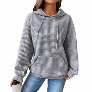Autumn Women's Oversized Printed 100% Cotton Waffle Texture Terry Sweatshirt Casual Pullover Hood with Solid <b>Drop</b> Sleeves Pocket - Product Image 1