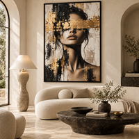 Peinture sur toile texturée Portrait Femme Masque d'Or, Art Mural Moderne Noir Beige pour Hôtel, Chambre, Bureau, Salon