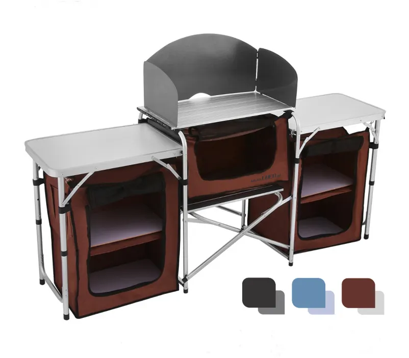 Hafif alüminyum mutfak katlanır pişirme istasyonu piknik masa toptan özel kamp dolap dolap masaları üst
