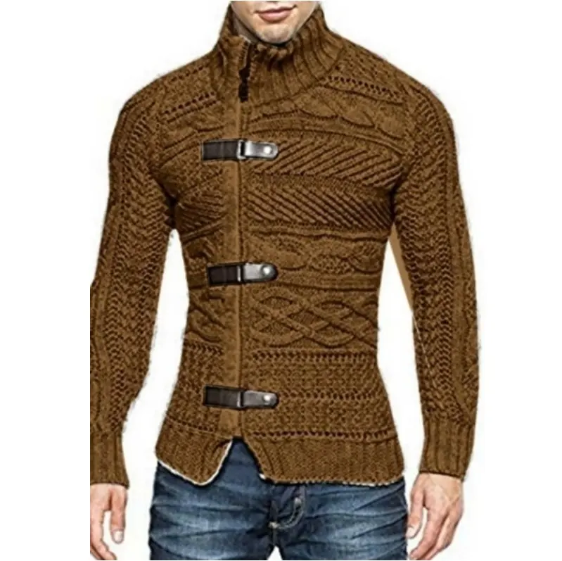 Stand Collar Geometric Pattern Zipper Button Knitted Cardigan Sweater Coat Men