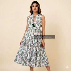 Vestido Maxi de Algodón Dulce Ecológico con Estampado a Mano Indio, Sin Mangas, Floral, Estilo Bohemio, Cuello en V con Borlas para Mujer - Product Image 1