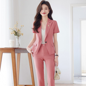 Women's Short Sleeve Suit Set Slim Fit Solid Color Breathable Polyester Workwear For Office Hotel Receptionist Uniform - Product Image 1