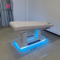 Lit de massage électrique moderne de luxe blanc à double poteau avec moteur 3/4, base en métal et éclairage, lit de beauté et d'extension de cils