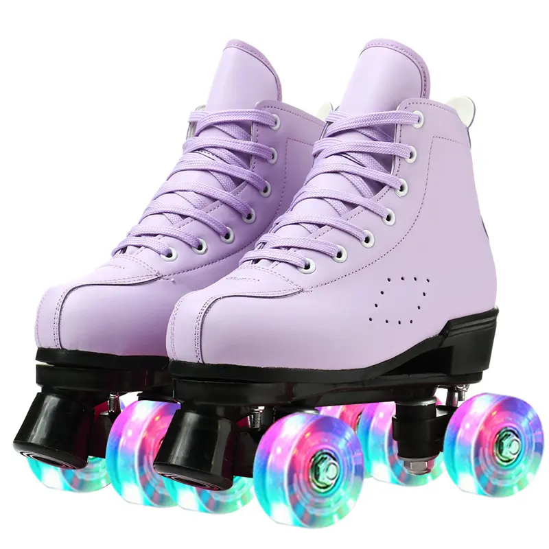 PU Leather Roller Skates Skating Shoes Sliding Inline Quad Sneakers Training 4 Wheels Flash