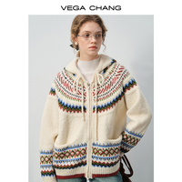 VEGA CHANG Nouveau cardigan en tricot pour femmes d'hiver, pull à capuche Fair Isle, veste rétro à fermeture éclair avec motifs colorés et poches latérales