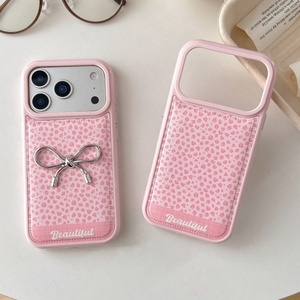 Fashion girls leopard print bowknot PU leather phone case for iPhone 13 14 15 16 17 pro max shockproof <b>back</b> cover wholesale - Product Image 1