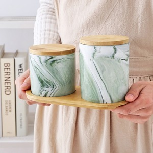 Contenedor de comida seca de porcelana de mármol real de lujo MSH, juego de tarros de almacenamiento de azúcar para té y café con tapa de madera, bote de té de hierro - Product Image 5
