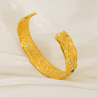 Bracelet manchette œil porte-bonheur vert en acier inoxydable 304 plaqué or 18 carats sous vide, bracelet ouvert texturé avec pierres transparentes, bijoux bohèmes pour femme