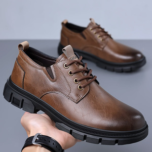 Chaussures en cuir décontractées pour hommes, bottes basses Martin en cuir de vachette à semelle souple, gris, noir, marron, couleur unie, lacets avant - Product Image 2