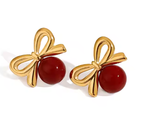 Gold Trendy Statement Earrings <b>Women</b> Sculptural Bow Design 14K Gold Plated Stainless Steel Textured Heart Leaf Exaggerated - Product Image 6