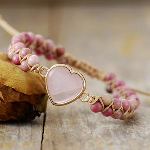 4mm Rhodonite Pink Crystal Heart Charm Bracelets Women Bohemia Yoga <b>String</b> Braided Lover Wrap Bracelet Handmade Jewelry Bracelet - Product Image 6