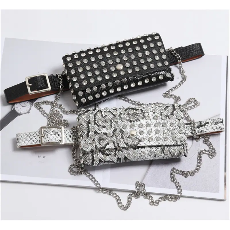 Leather Women's Belt Bag Luxury Diamond Waist Bags Fashion Chain Fanny Pack Shoulder