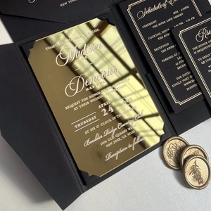 Carte d'invitation de mariage de luxe estampillée or, rectangulaire, personnalisée, gaufrée, avec enveloppe noire, ensemble folio, Saint-Valentin, Noël - Product Image 1