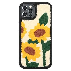 Sunflower wool felt handmade embroidered chessboard mobile phone case female cute 3d luxury designer phone cases for iphones