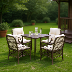 Set da pranzo da giardino in rattan PE marrone a 5 pezzi con cuscini color crema, mobili da esterno - Product Image 2