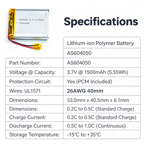 Batería de Iones de Litio 604050 de 3.7V 1500mAh, Celda LiPo Recargable de 5.55Wh para Electrónica de Consumo - Product Image 3