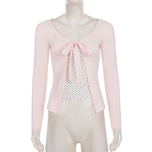 French pure desire faux layered polka dot contrast color bow <b>tie</b> regular fit <b>slim</b> top spicy versatile design age reducing T shir - Product Image 6